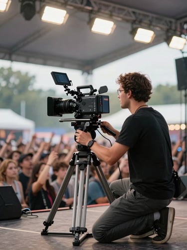 Close editorial frame — operator crouching with a cinema camera on a tripod at the edge of a festival stage, natural overhead rig lighting, crowd energy visible in the blurred background, mid-action capture