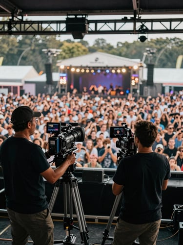 Close overhead angle of a multi-camera setup at a live festival stage, camera operators tracking crowd reaction from elevated positions, stage rigs overhead, dense crowd visible below, natural venue ambient light, kinetic energy, no posed shots