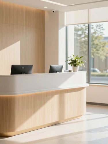 Medium shot of a bright, welcoming reception area of a modern clinic, warm natural daylight streaming through large windows, clean minimalist setup with soft wood accents.