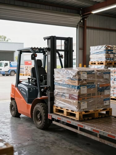 Wide environmental shot inside an active distribution warehouse, forklift loading palletized cargo onto a flatbed truck at the loading dock, natural daylight streaming through industrial bay doors, depth of stacked goods visible in background