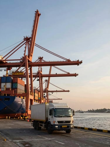 Wide environmental shot of a busy Indonesian port at golden hour, cranes unloading containers from a cargo ship on the left, a logistics truck waiting at the dock gate in the foreground, expansive sky and water in background, strong depth