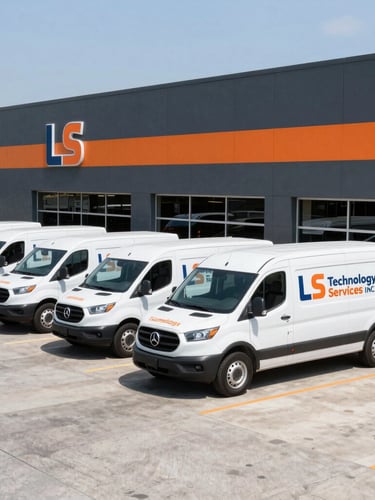Wide shot of L S Technology Services Inc. branded fleet vehicles parked at the Roswell headquarters, bright daylight, high-contrast slate and orange tones.
