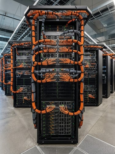 Wide panoramic shot of a clean, organized server rack in a modern data center, high-contrast utility lighting, sharp focus, with some structured cabling visible.