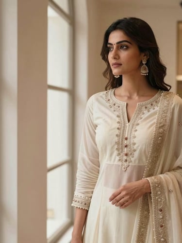 Premium Indian female model in an elegant western wear outfit, posing in a luxurious boutique interior with soft natural window light, shallow depth of field, 35mm. The model is positioned to the right, looking left.