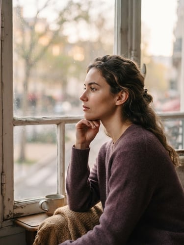 A woman looking thoughtfully out a window, soft diffused morning light, warm sand and muted plum tones, shallow depth of field, negative space.