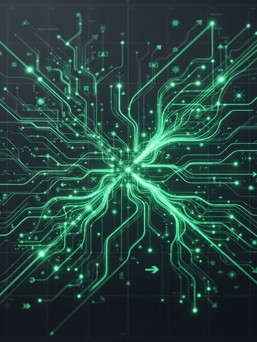 Macro dark-mode UI photography of a technical data flow visualization, glowing electric green lines connecting node points on a deep charcoal grid, crisp studio lighting.