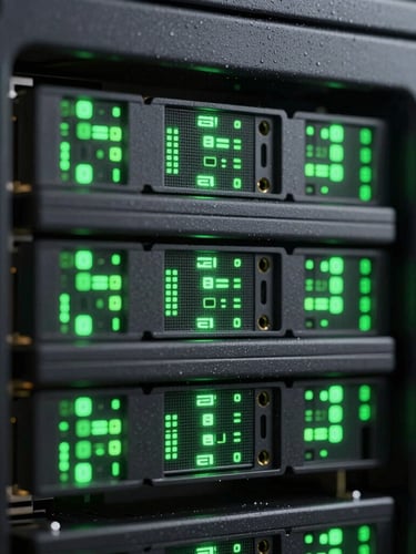 Macro shot of modern server hardware with clean architectural lines, deep gray undertones, precise glowing green data points, dark-mode UI photography style.