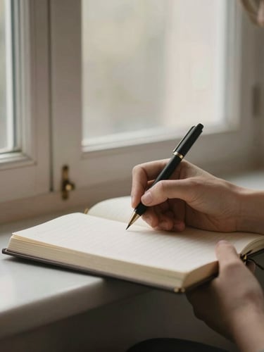 Una persona escribiendo en un diario con luz natural entrando por una ventana, con un enfoque suave en las manos y el diario, transmitiendo intimidad y reflexión.