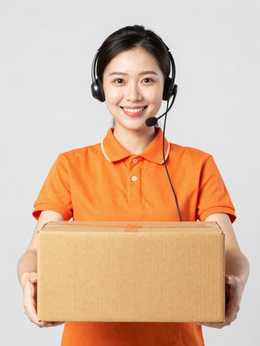Bright high-key studio shot of a friendly customer service representative holding a shipping box, clean light gray background, vibrant natural colors