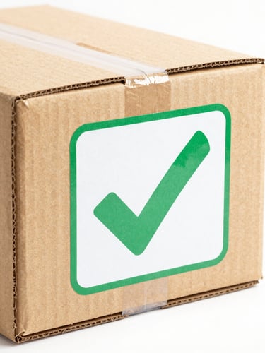 Bright high-key product photography of a cardboard delivery box with a green checkmark label, clean white background, crisp studio lighting, sharp focus, vibrant natural colors