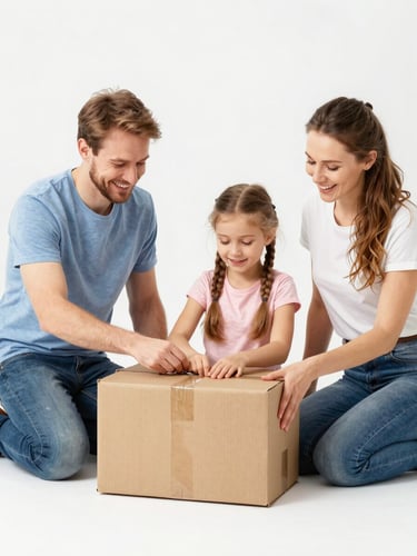 Bright high-key product photography of a happy Lithuanian family unboxing a practical household package, clean white background, crisp studio lighting, sharp focus, vibrant natural colors