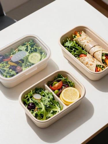 Overhead flat lay of three sleek compostable lunch boxes on a clean white office table, bright natural daylight with crisp shadows, vibrant green salads and colorful wraps visible inside.