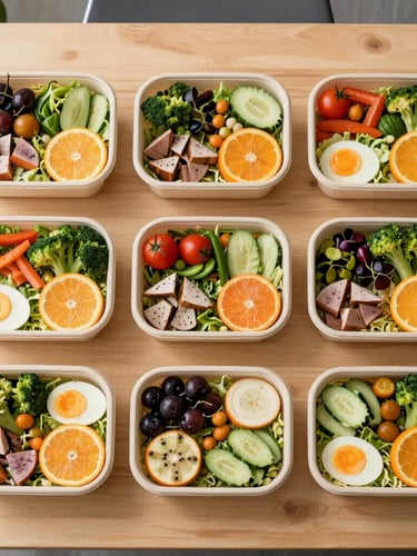 Overhead flat lay of neatly arranged healthy corporate lunch boxes with vibrant salads, fresh ingredients, and clean citrus accents on a light wooden table in a bright office.