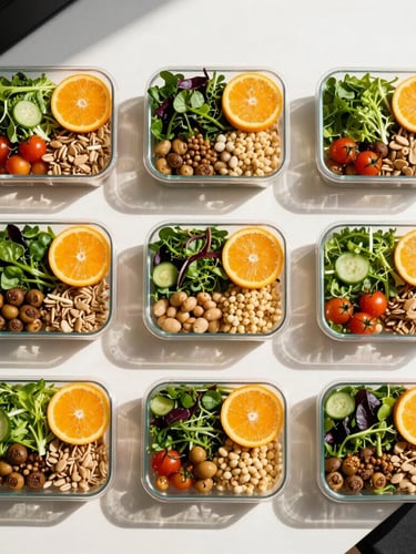 Overhead flat lay of neatly arranged healthy lunch boxes with fresh greens, complex carbs, and vibrant citrus accents on a clean light office table, bright natural daylight, crisp shadows