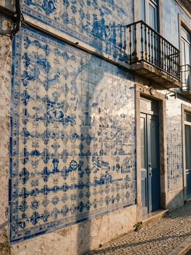 Wide street-level view along a Lisbon azulejo-tiled facade, late afternoon sun casting long horizontal shadows across blue and white ceramic tiles, a single iron balcony visible upper right, no pedestrians mid-frame, clear warm Atlantic light