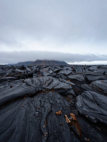 Wide panoramic view across a black volcanic lava field in Iceland, a low cloudbank breaking apart on the horizon to reveal a strip of pale arctic sky, foreground rock texture sharp and detailed, no human figures, flat diffused subarctic light