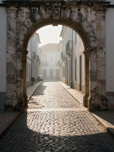 Wide portrait-oriented frame, morning light falling through a narrow stone archway onto an empty cobblestone lane, the far end of the street dissolving into soft haze, foreground in quiet shadow, light pooling in the middle distance — Portugal street scene, unhurried and specific
