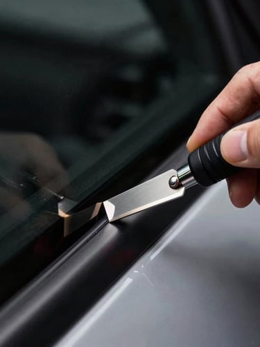 Extreme close-up of a professional applicator's hand using a precision blade to cut a dark window film along the seamless edge of a car window, dramatic studio lighting, high contrast.