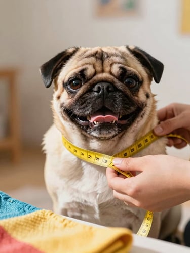 Close up of hands gently measuring a happy pug with a soft yellow tape measure in a sunlit workshop, focus on the colorful fabric nearby, warm tones, 35mm