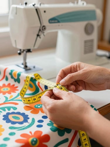 Close-up of hands carefully measuring a colorful patterned fabric with a soft yellow tape measure in a bright, sun-drenched workshop in Celaya, sewing machine visible in soft background focus