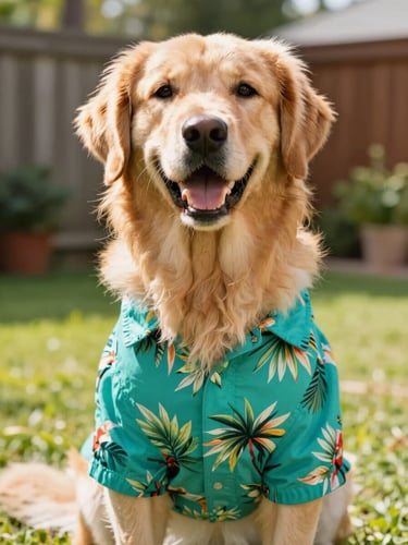 A happy golden retriever wearing a vibrant teal tropical shirt, sitting proudly in a sun-drenched backyard, eye-level portrait, cheerful warm tones, 35mm