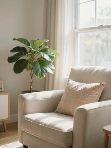 A bright sunlit Cedar Rapids living room with soft morning window light, a comfortable armchair, and a blooming houseplant, warm pastel tones.