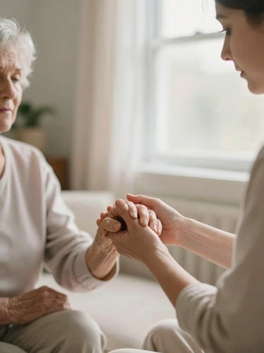 Soft morning window light illuminating a cozy living room, a caregiver gently holding a senior woman's hand, warm pastel tones, shallow depth of field, 35mm film style.