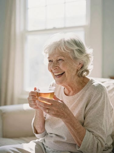 A bright sunlit Cedar Rapids living room, soft morning window light, a senior woman laughing while holding a warm cup of tea, pastel tones, 35mm film style