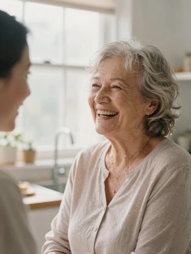 A smiling senior woman laughing with a warm caregiver in a sunlit kitchen, soft morning window light, pastel tones, 35mm film style