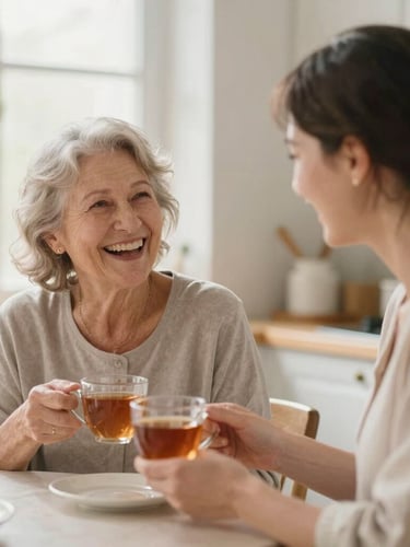 A warm caregiver and a senior woman laughing together over tea in a bright kitchen, soft morning window light, shallow depth of field.