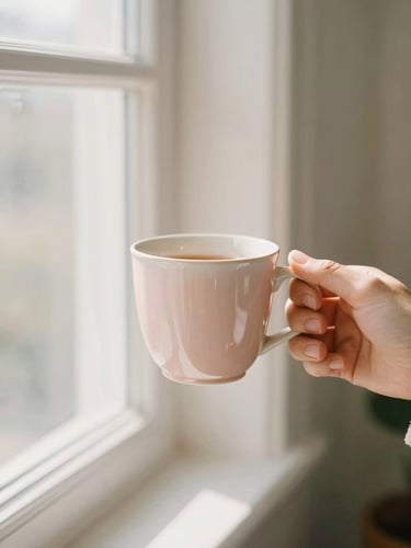 Soft morning window light illuminating a cozy sunroom, a gentle hand holding a warm ceramic tea mug, pastel tones, shallow depth of field