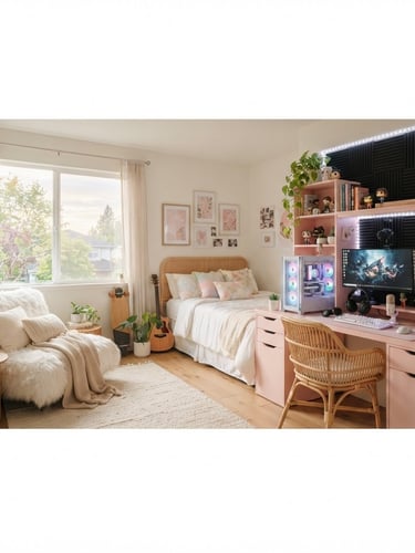 Wide panoramic view of a modern teen bedroom, pastel wood desk with a gaming setup on the right, bathed in soft morning window light, a faux-fur lounger nearby, clean off-white walls.