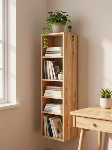 Portrait shot of a teen's bedroom corner, showcasing a narrow floating book rack filled with books and plants, next to a pastel wood desk. Soft, diffused morning light illuminates the scene, creating a warm and inviting atmosphere.