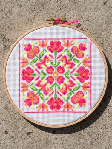 Overhead flat lay of a modern cross-stitch piece with neon pink thread framed in a simple wooden hoop on a raw concrete surface, sharp daylight shadows