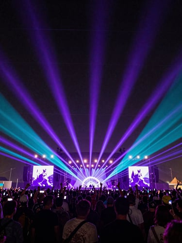 Wide panoramic shot of a massive music festival crowd at night, silhouetted against intense electric violet and turquoise stage lasers, clean technical grid overlay.