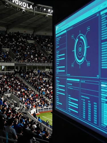 A split-screen composition showing a dark crowded stadium on the left and a clean glowing turquoise and violet data visualization interface on the right, high contrast, technical feel
