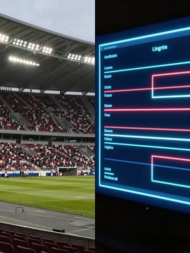 Split-screen composition showing a physical stadium with stage lights on the left, and a clean data visualization interface with neon lines on the right.