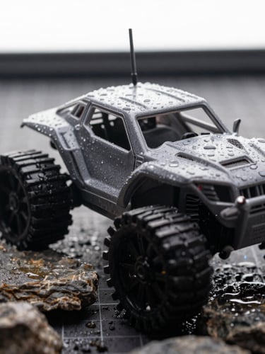 Low angle action shot of a 1/10 scale crawler climbing over wet rocks, bright daylight, water droplets on the chassis.
