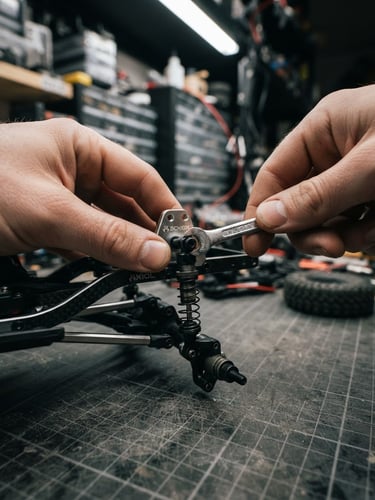 Hands holding a wrench tightening a shock mount on an axial crawler chassis, high contrast overhead workshop lighting, dark grey cutting mat.