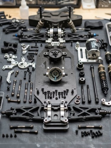 Crisp macro product photography of a disassembled RC chassis on a dark grey cutting mat, bright overhead workshop lighting, 50mm lens