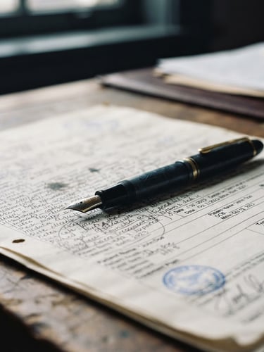 Sober editorial photography, soft window light, close-up of a fountain pen resting on a detailed medical report, deep navy and slate tones, shallow depth of field, 35mm
