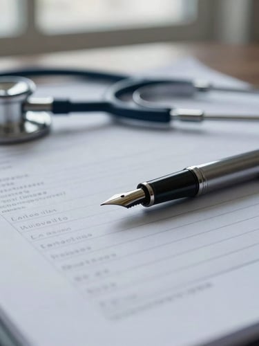 Macro detail of medical documents, a fountain pen resting on a signed report, stethoscope in the background, soft window light, sober tones, 35mm