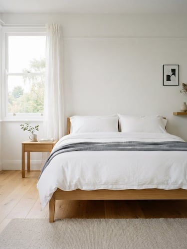 Bright airy interior photography of a bedroom with meticulously arranged crisp white linens on a bed, soft natural daylight streaming through a window, minimalist aesthetic, 35mm