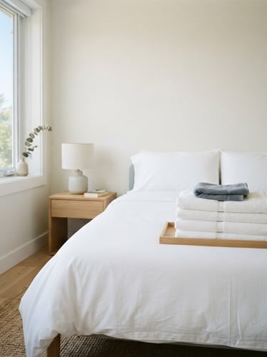 Meticulously arranged bed with crisp white linens, perfectly folded towels on top, bright airy daylight streaming through a window, clean minimalist aesthetic, 35mm