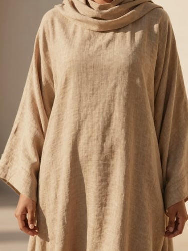 A warm editorial portrait of a woman in a flowing sand-colored linen abaya, standing in soft natural afternoon sunlight, shallow depth of field, 35mm.