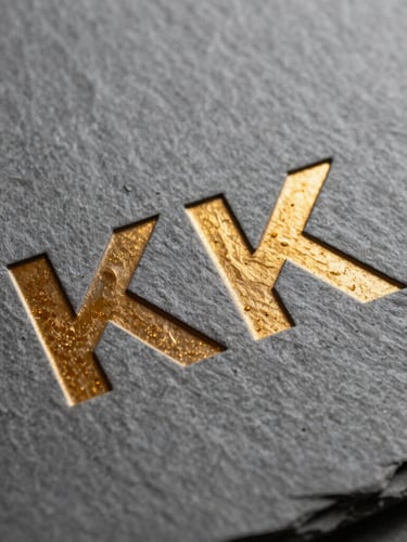 Macro crop of textured slate gray paper with embossed metallic amber typography, sharp directional studio lighting.