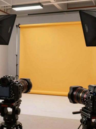 Wide structured studio environment showing active camera rigs and professional lighting setups focusing on a vibrant amber brand mockup.