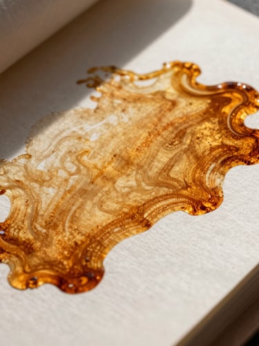Tight macro crop of vibrant amber ink spreading across a thick, textured cotton paper print proof, sharp directional studio lighting, high contrast, deep shadows