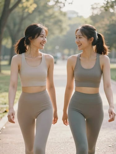 Candid medium shot of two women walking in a sunlit park, wearing minimalist activewear, talking and laughing naturally, soft morning light, 35mm film texture