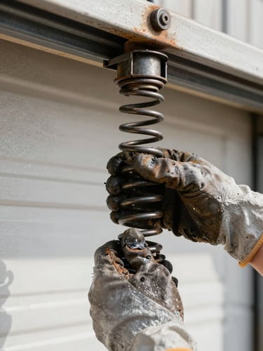 Extreme close-up, hands gripping a heavy torsion spring above a garage door track, natural north-facing garage daylight, worn gloves, rust and grease visible on the coiled steel, no faces